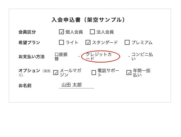 入会申込書のチェック欄・選択フォーム（明瞭な印刷状態）