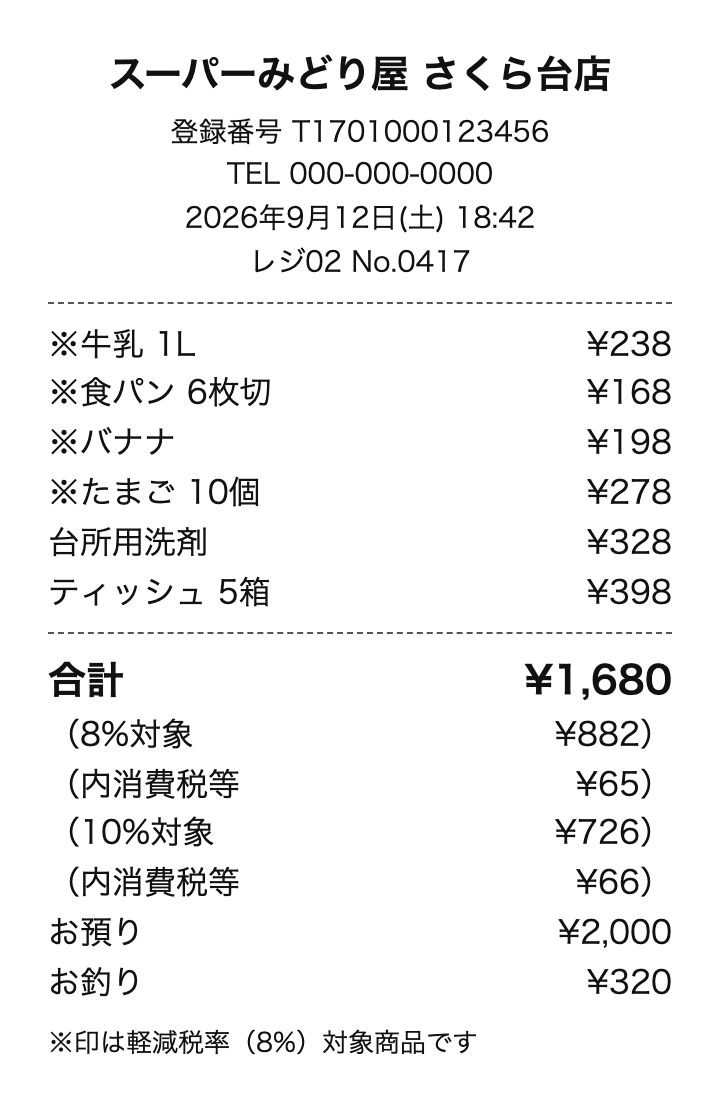検証に使った架空のレシート2(合計を崩した)