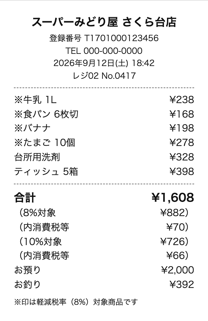 検証に使った架空のレシート3(8%の税額を崩した)