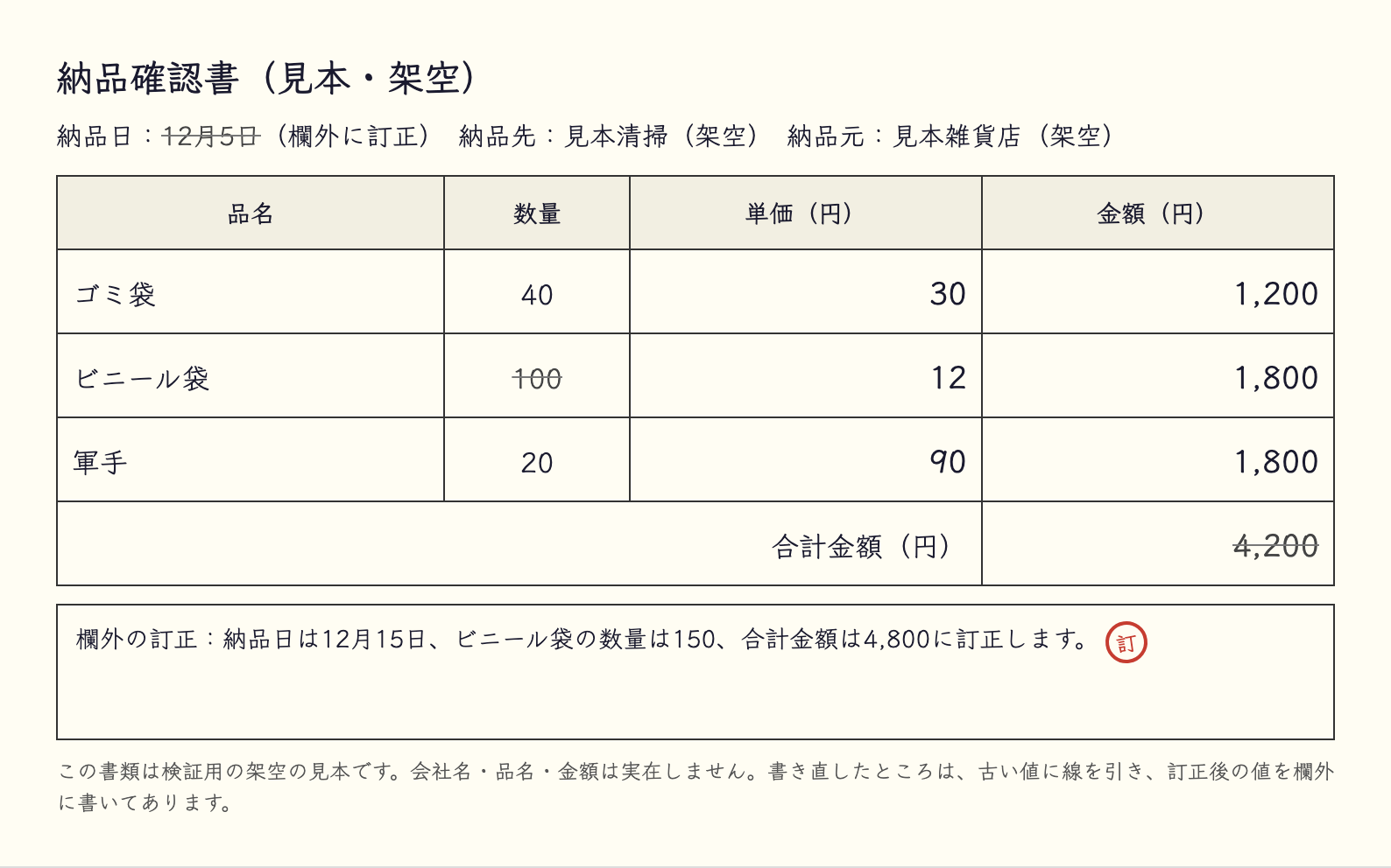 架空の納品確認書C（古い値に細い線、訂正後の値は欄外の文にだけ書いた）